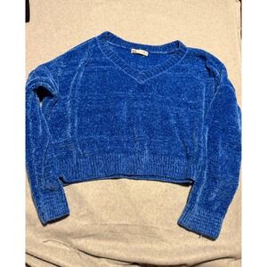 SO Goods For Life Royal Blue Chenille Cropped V-Neck Sweater Womens Medium
